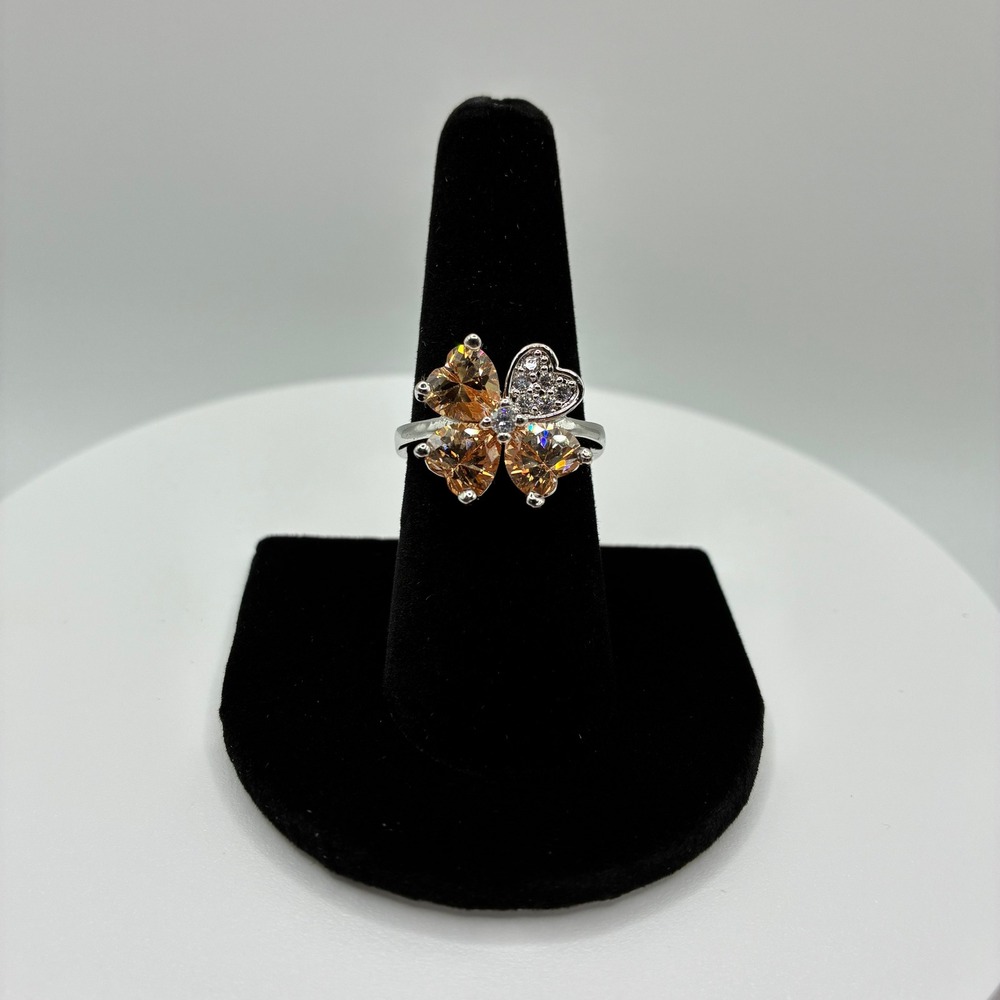 Women's Ring Size 7.75 Silver Champagne Four Leaf Clover Heart Stones Ring